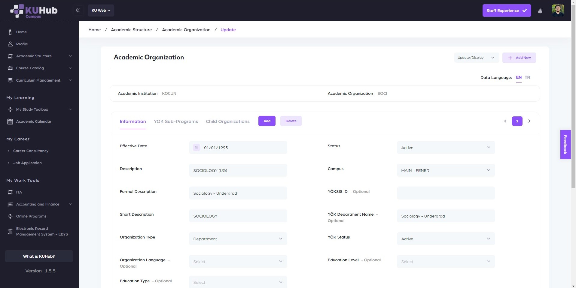 KUHUB academic organization editing screen